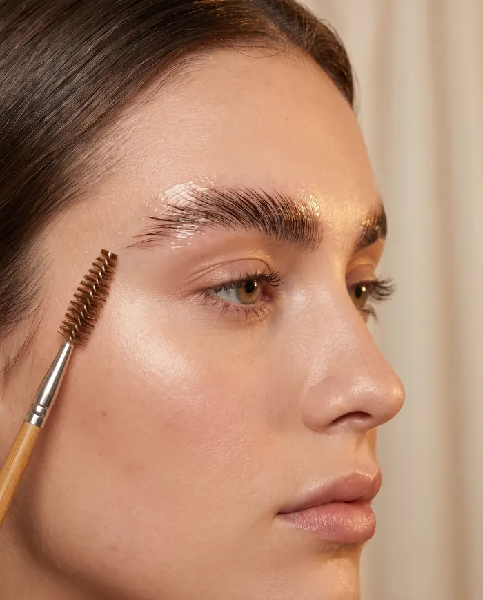 Fluffy, brushed-up laminated eyebrows with a spoolie brush